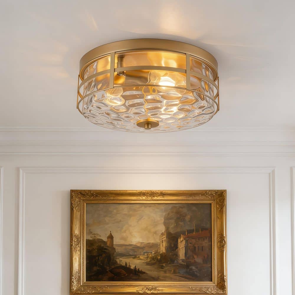 12.6 in. 3-Light Gold Modern Flush Mount Ceiling Light with Clear Water Ripple Glass Shade price history on PriceWatchPro