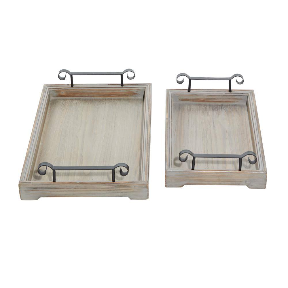 Beige Wood Tray Set with Metal Handles, 20" and 17"