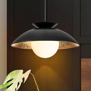 Paquette 1-Light Black/Gold Leaf Farmhouse Wood Bowl Dome Opal Glass Bubble Pendant Light with Frosted Opal Glass Globe
