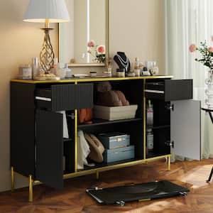 2-Drawers Double Dresser Black Ripple Finish Wood with Pop-up Doors, Adjustable Shelves 56.3 in. W x 15.7 in. D