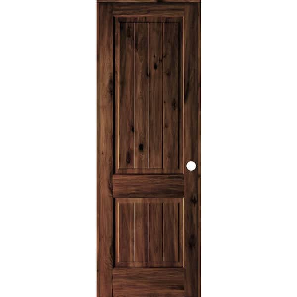 Krosswood Doors 32 in. x 96 in. Knotty Alder 2 Panel Left-Hand Square Top V-Groove Red Mahogany Stain Wood Single Prehung Interior Door
