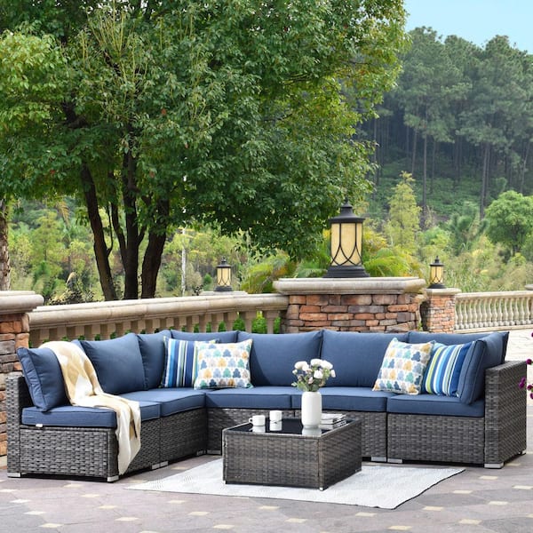 Gemini 7-Piece Wicker Outdoor Sectional Set with Denim Blue Cushions