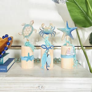 Blue Ceramic Handmade Ombre Sea Life Sculpture with Cylinder Block Bases and Netting Accents (Set of 3)