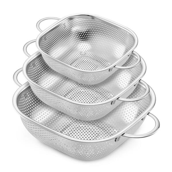 3 Pack Square Stainless Steel Metal Strainer Colander with Handle for Draining Food Pasta Vegetable, Dishwasher Safe