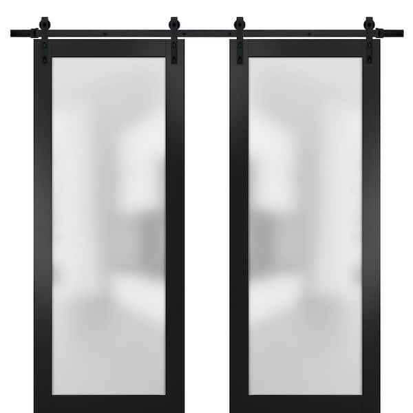 Sartodoors 24 in. x 96 in. 2 Panel Frosted Glass Black Matte Solid Wood Sliding Barn Door with Hardware Kit