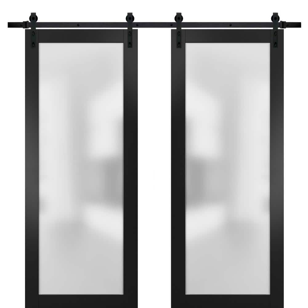 Assemble Required 32 in. x 80 in. 2-Panel Frosted Glass Black Matte Solid Wood Sliding Barn Door with Hardware Kit price history on PriceWatchPro