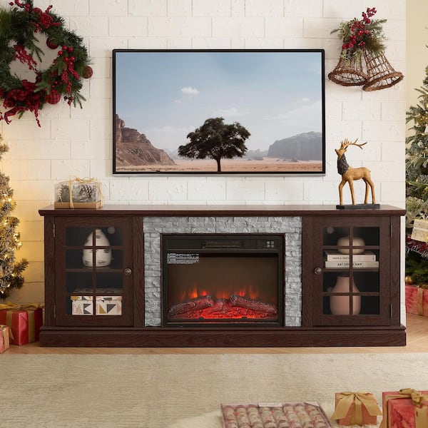 70 in. W Freestanding Wooden with Faux Stacked Stone Surround Large Electric Fireplace TV Stand in Cherry