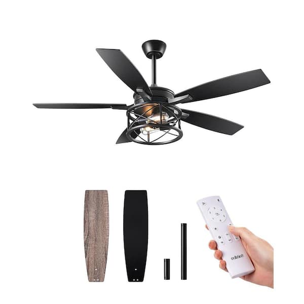 52 in. Black Wood Downrod Standard Farmhouse Ceiling Fan with Integrated LED with Remote Included