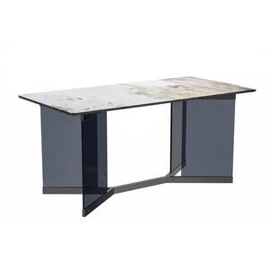 Oryn Modern White Grey Stone 62 in. Double Pedestal Dining Table, Seats 6