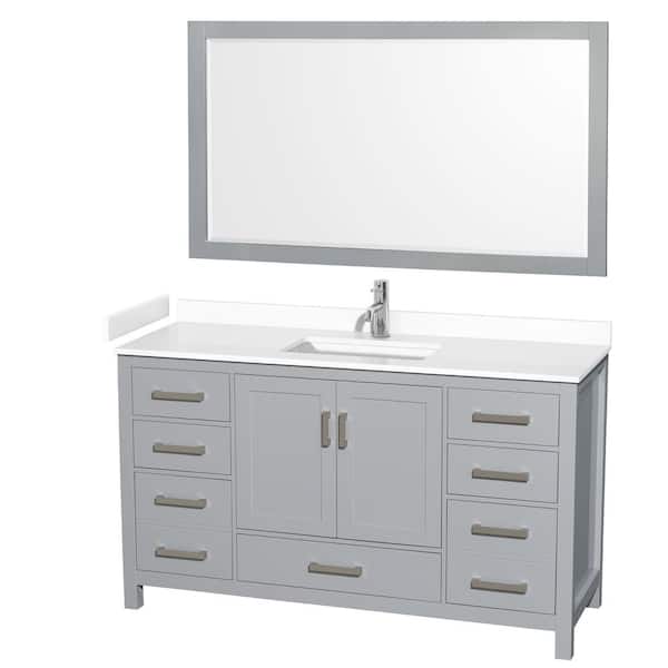 Wyndham Collection Sheffield 60 in. W x 22 in. D x 35 in. H Single Bath Vanity in Gray with White Cultured Marble Top and 58" Mirror
