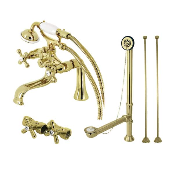 Kingston Brass Vintage 2-Handle Clawfoot Tub Faucet Packages with Supply Line and Tub Drain in Polished Brass