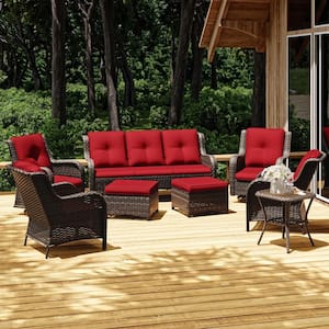 8-Piece Wicker Outdoor Patio Conversation Set with Red Cushions and Swivel Rocking Chairs