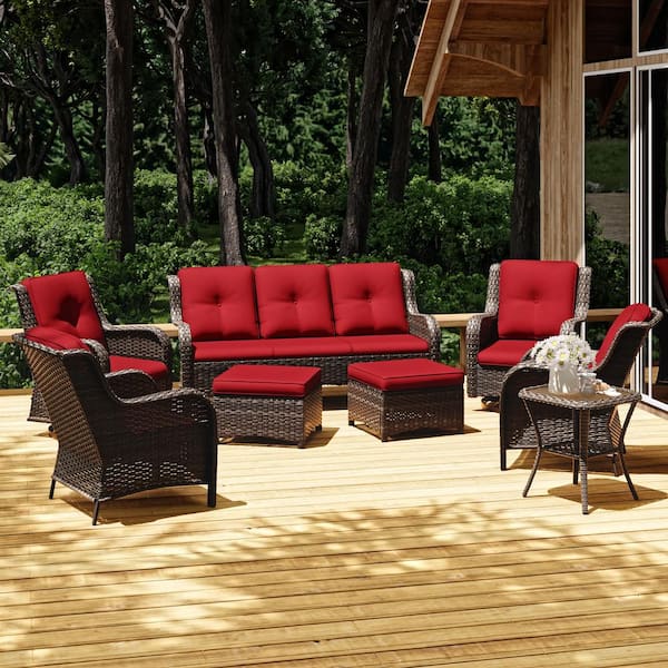 JOYSIDE 8-Piece Wicker Outdoor Patio Conversation Set with Red Cushions and Swivel Rocking Chairs