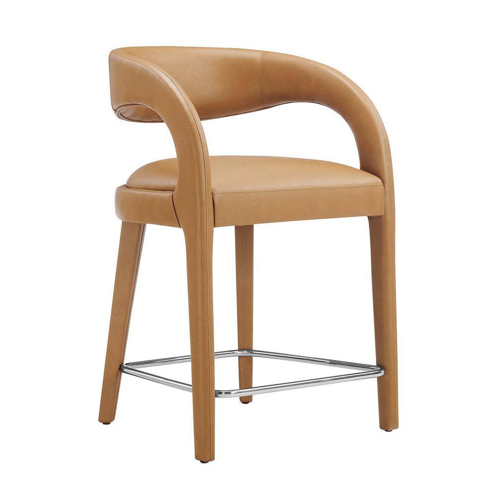 Tan Vegan Leather and Wood Counter Stool Set with Metal Footrest
