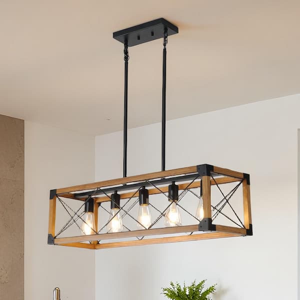 32 in. 5-Light Cage Walnut Rustic Linear Chandelier for Kitchen Island with No Bulbs Included