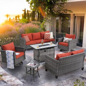 Mirage 6-Piece Wicker Patio Rectangular Fire Pit Set and with Orange Red Cushions and Swivel Rocking Chairs