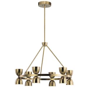 Baland 31 in. 12-Light Integrated LED Brushed Natural Brass Mid-Century Modern Shaded Circle Chandelier for Dining Room