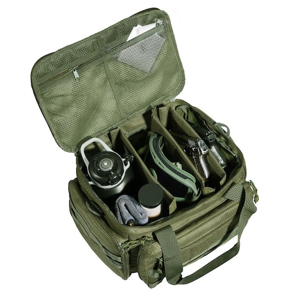 SKYSHALO Range Bag for 4-Pistols, 14.6 in. Green Backpack Tactical Gun Range Bag with 3 Detachable Baffles and 6-Magazines