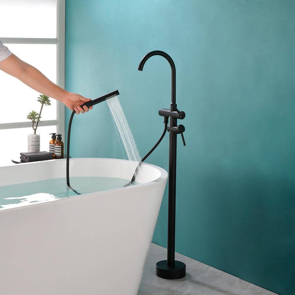 Matte Black Brass Freestanding Tub Filler with Handheld Shower