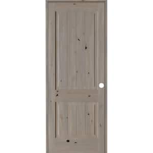 24 in. x 96 in. Knotty Alder 2 Panel Left-Hand Top Rail Arch V-Groove Grey Stain Wood Single Prehung Interior Door