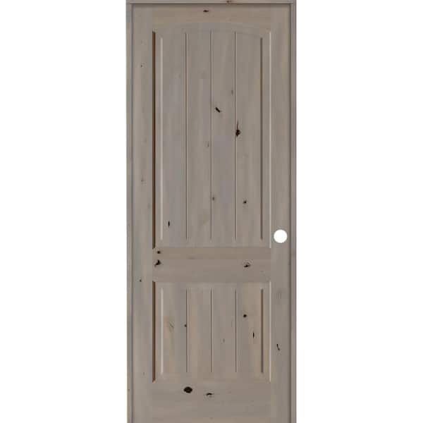 Krosswood Doors 32 in. x 96 in. Knotty Alder 2-Panel Left-Hand Top Rail Arch V-Groove Grey Stain Wood Single Prehung Interior Door