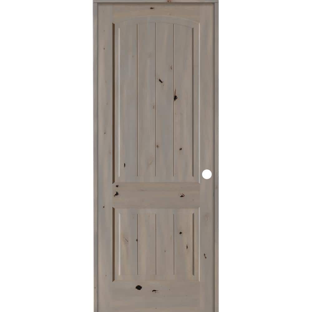 36 in. x 96 in. Knotty Alder 2-Panel Left-Hand Top Rail Arch V-Groove Grey Stain Wood Single Prehung Interior Door price history on PriceWatchPro