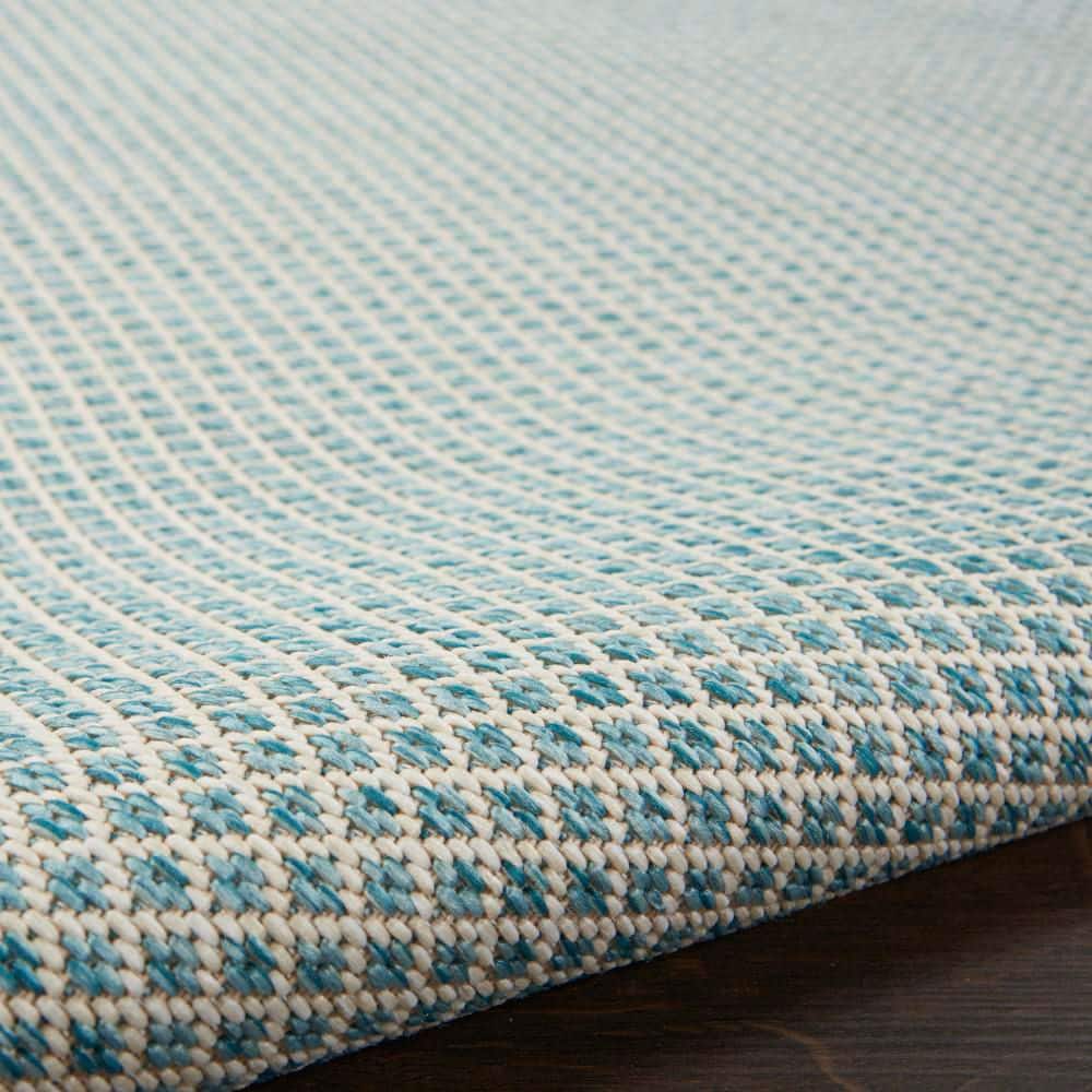 Ivory Aqua Geometric Flat Woven Synthetic Runner Rug