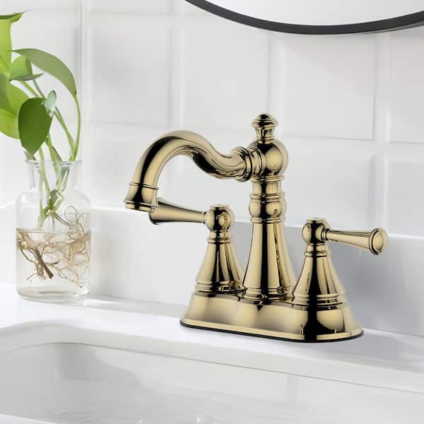 Cassic 4 in. Centerset Double Handle High Arc Bathroom Faucet with Push-Up Pop-Up Drain in Polished Brass