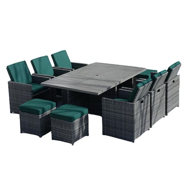 DIRECT WICKER Conduit Grey 11-Piece Wicker Rectangular Outdoor Dining Set with Dark Green Cushion, Aluminum Table Top