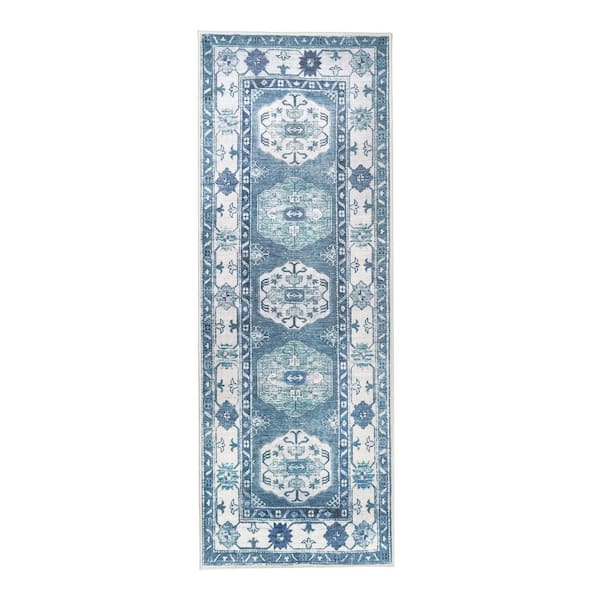 Shary Blue/White Washable Rug 2.5 ft. x 7 ft. Runner Rug