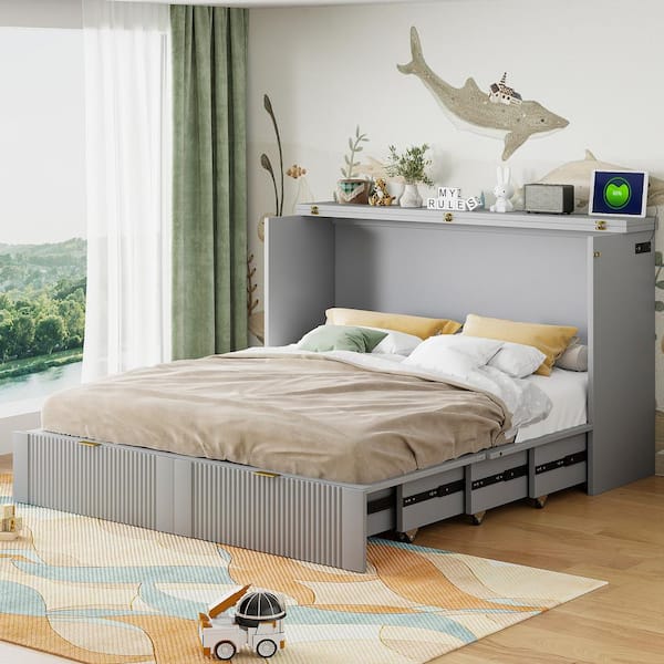 Harper & Bright Designs Gray Wood Frame Queen Size Murphy Bed with Drawer, USB Ports and Sockets, Pulley Structure Design