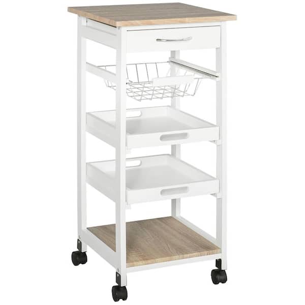 Tileon White Wood Kitchen Cart Rolling Serving Cart with Storage Drawer, Pull Out Tray and Slide-Out Wire Basket