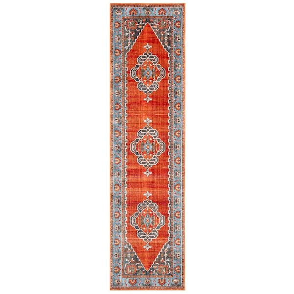 Vintage Persian 2 ft. x 8 ft. Rust/Blue Medallion Border Runner Rug
