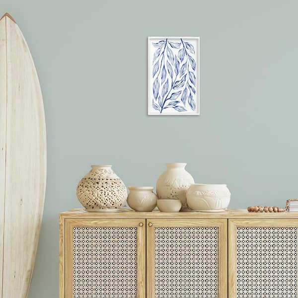 Simple Blue Leaves on White by Martina Pavlova White Framed Nature Giclee Art Print 18 in. x 12 in.