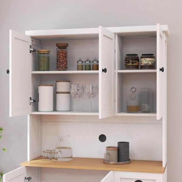 Pantry Storage Cabinet with Microwave Oven Countertop, Freestanding Hutch Cabinet with Adjustable Shelves in White