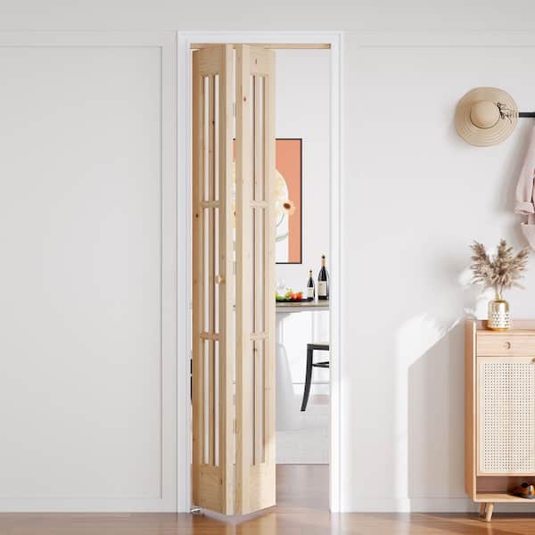 24 in. x 80 in. 6 Lite Pre Assembled Frosted Glass Brown Unfinished Solid Core Wood Bi-fold Door with Hardware