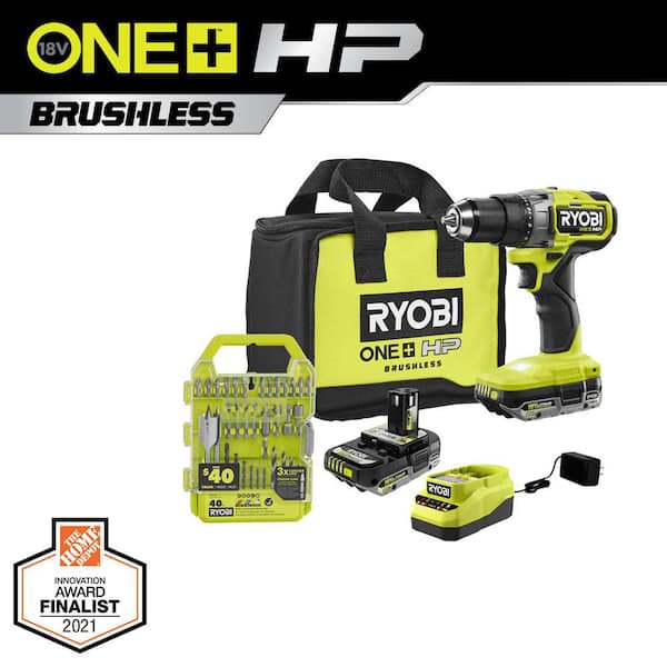 RYOBI ONE+ HP 18V Brushless Cordless 1/2 in. Drill/Driver Kit w/(2) Batteries, Charger, Bag, & Drill/Drive Kit (40-Piece)