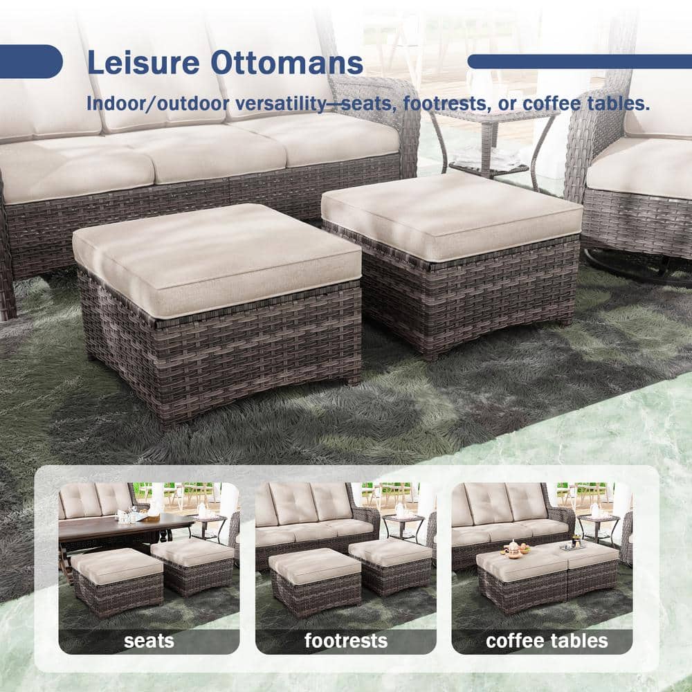 Beige Cushioned Wicker Outdoor Patio Ottoman Set with Steel Frame
