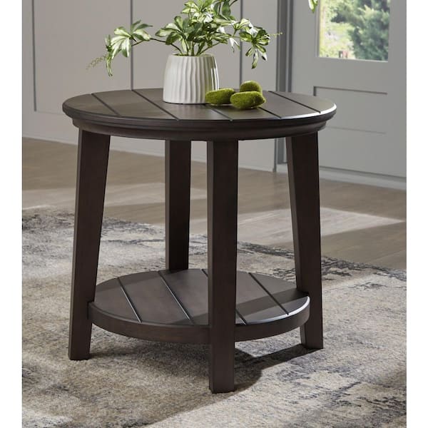 Signature Design By Ashley Celamar 26 in. Brown Round Wood End Table with Storage and Shelves