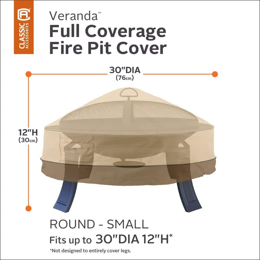 Tan and Brown Water-Resistant Round Fire Pit Cover with Handles