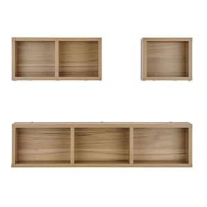Bauhaus 31.5 in. x 5.7 in. x 7.5 in. Floating Geometric Cubby Wall Shelves - Set of 3 Sizes - Chestnut