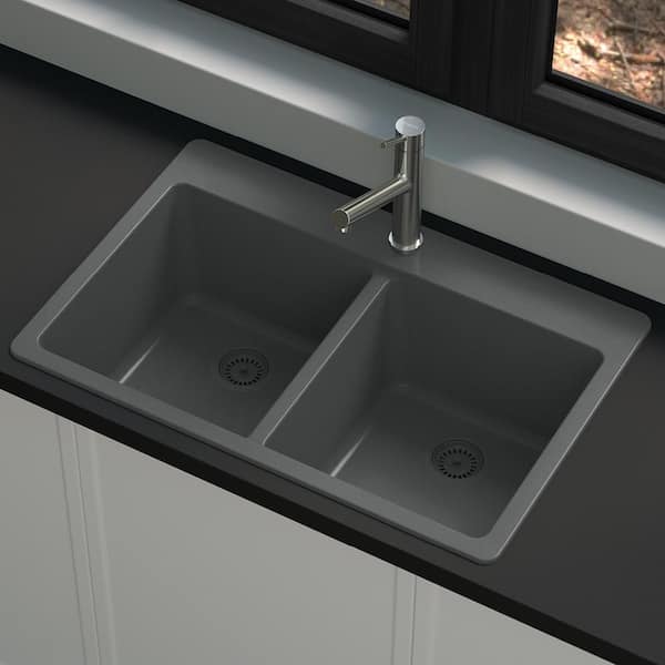 Stonehaven 33 in. Drop-In 50/50 Double Bowl Charcoal Gray Granite Composite Kitchen Sink with Charcoal Strainer