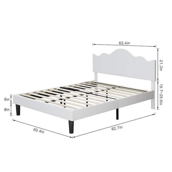 Adjustable Upholstered Bed, White Metal Frame Queen Platform Bed with Noise-Free Wood Slat Support, No Box Spring Needed