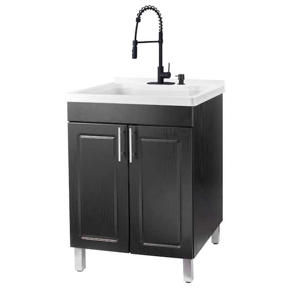 TEHILA 24 in. x 21.75 in. x 33.75 in. Thermoplastic Drop-In Utility Sink, Black Coil Faucet, Soap Dispenser, Black MDF Cabinet