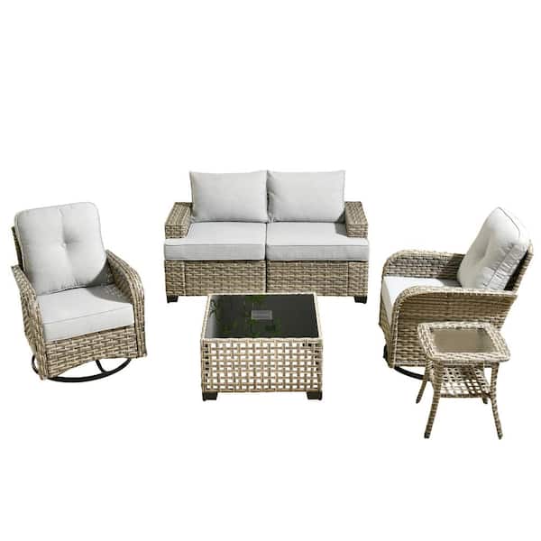 Torino Gray 6-Piece Modern Wicker Patio Conversation Deep Seating Set with Swivel Rocking Chairs and Light Gray Cushions