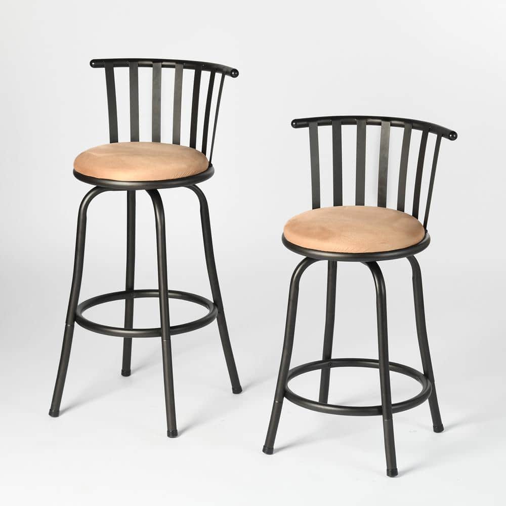 Adjustable Black Metal Swivel Barstools with Beige Suede Seats, Set of 2