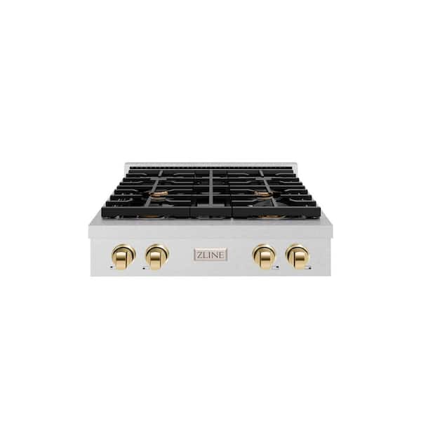 ZLINE Kitchen and Bath 30 in. Autograph Edition Paramount Gas Rangetop with 4 Burners in Satin Steel with Polished Gold Accents