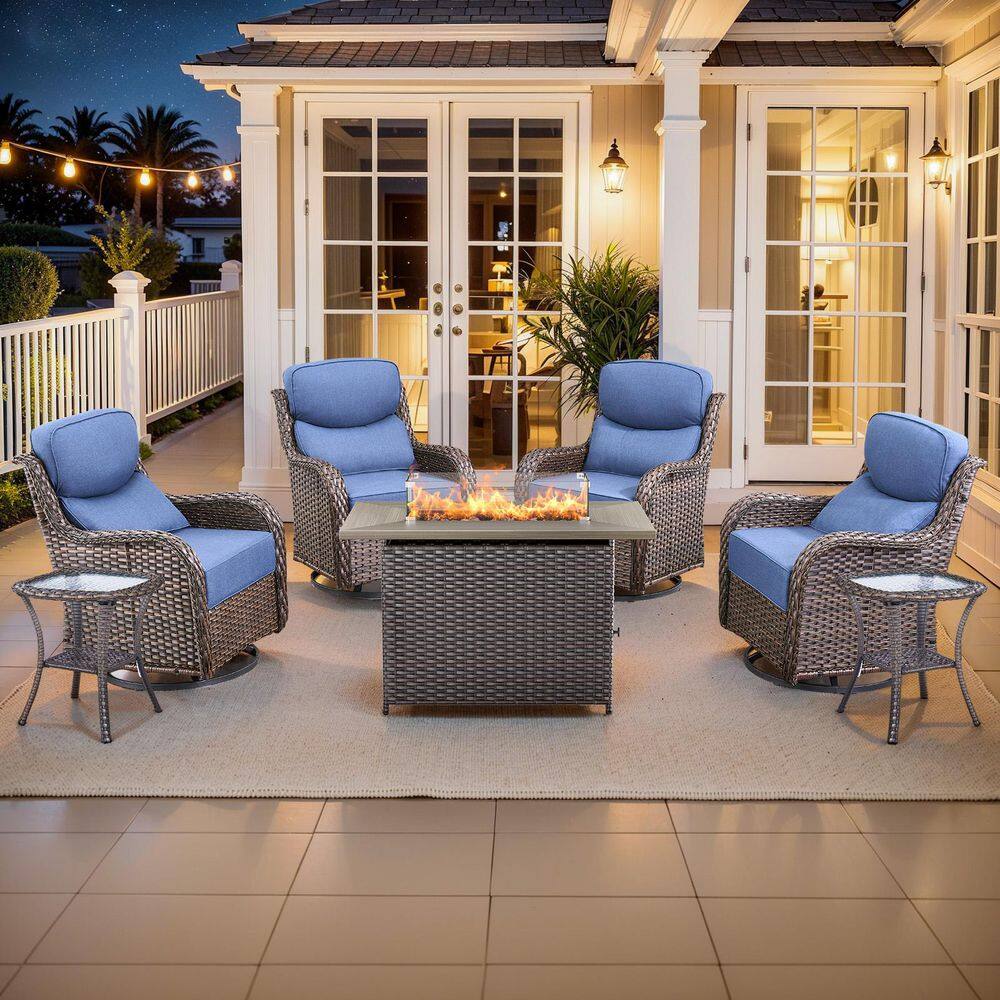 MoonLuxe Brown Wicker Fire Pit Conversation Set with Blue Olefin 6 in. Thick Cushions Patio Swivel Chairs (7-Piece) price history on PriceWatchPro