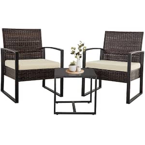 3-Piece Brown Frame Wicker Patio Conversation Set with Table and White Cushions