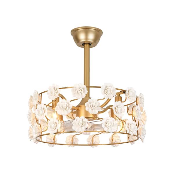 Coblitz 20.47 in. 4-Light Gold with White Ceramic Flower Indoor Downrod Mount Ceiling Fan Lighting with Remote